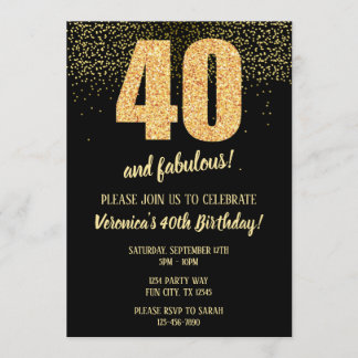 40 und fabelhaftes Schwarz und Gold 40. Einladung