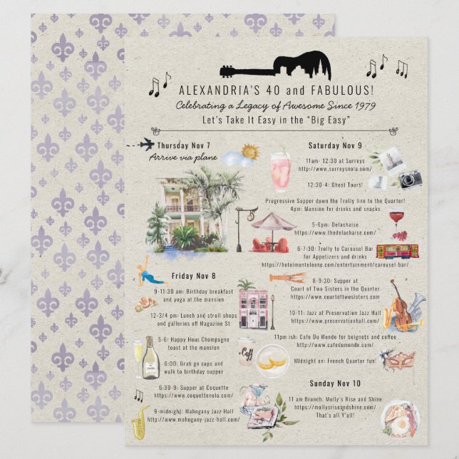40 und Fabulous | New Orleans Birthday Itinerary Einladung (Vorne/Hinten)