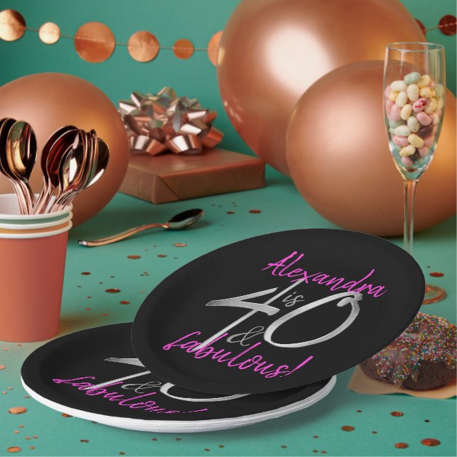 40 und Fabulous Pink und Black Personalisiert Pappteller (Multi)