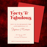 40 und Fabulous Red Bold Typografie Geburtstag Einladung<br><div class="desc">Mit unserer 40. und fabulous 40. Geburtstagsfeier bereiten Sie sich auf stilvolle Feiern vor! 🎉 Design mit mutiger Typografie ist diese Einladung so einzigartig, modern und trendig wie Sie sind. Die fette Tomate Rot ein Pop Farbe zu Ihrem besonderen Tag, sodass es eine Einladung zu erinnern. Kommen Sie zu einem...</div>