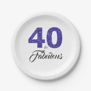 40 und Fabulous Royal Blue Glitzer Birthday Party Pappteller
