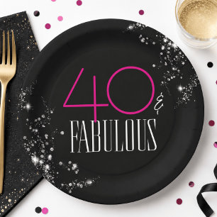 40 und Fabulous Schwarz Rosa Glam Glitzer Geburtst Pappteller