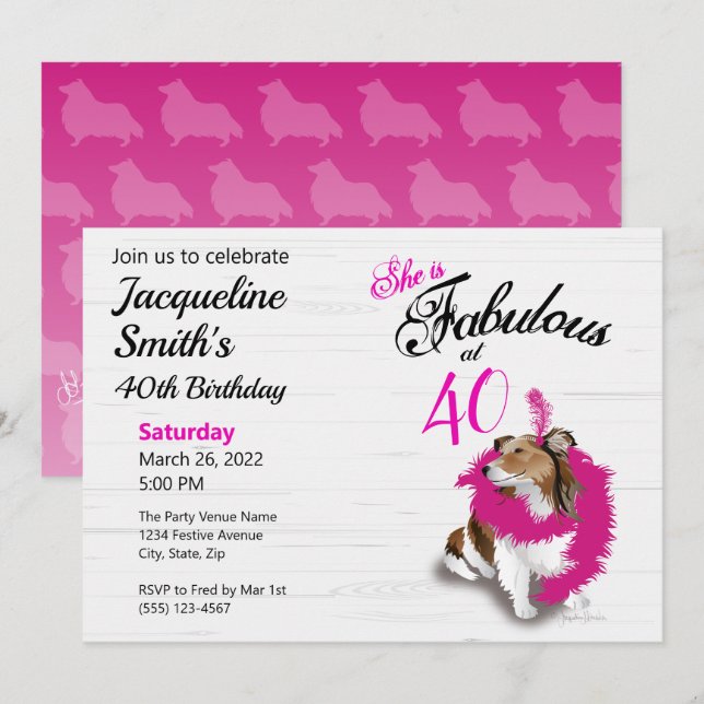 40 und Fabulous Sheltie Pink Scarf Einladung (Vorne/Hinten)