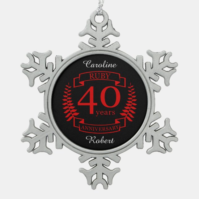 40. Wedding ANNIVERSARY RUBY Schneeflocken Zinn-Ornament (Vorderseite)