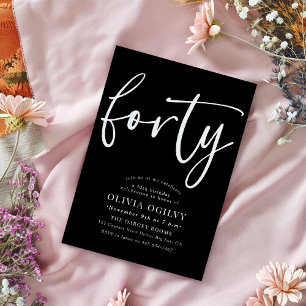 40. White on Black Birthday Party Modernes Script Einladung