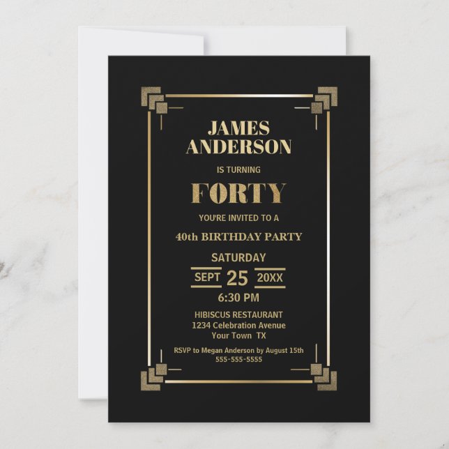 40e anniversaire Black and Gold Party Invitation (Devant)