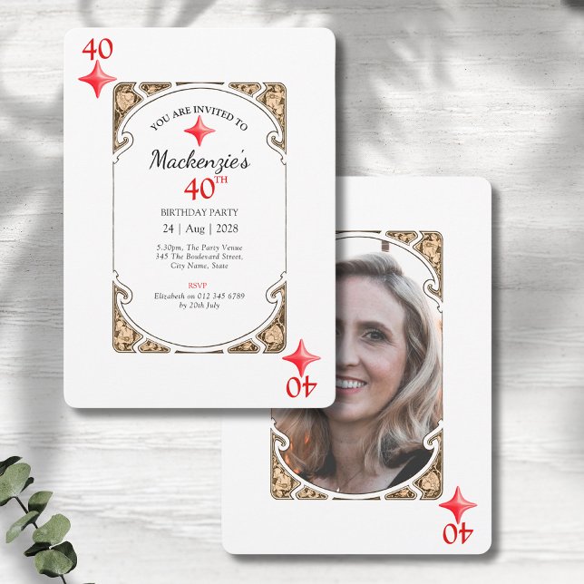 40e anniversaire Diamond Playing Card Invitation (40th birthday party invitation with an art deco style design on a grey wood background.)