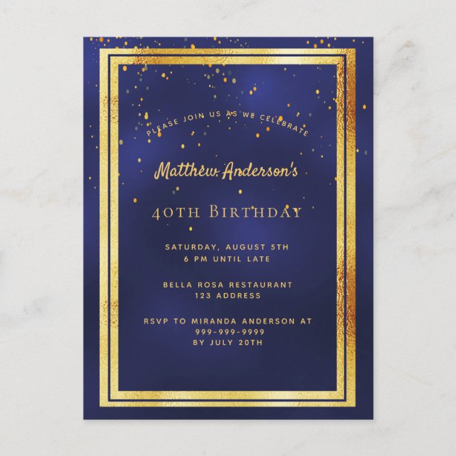 40e anniversaire fête bleu or brillant invitation (Devant)
