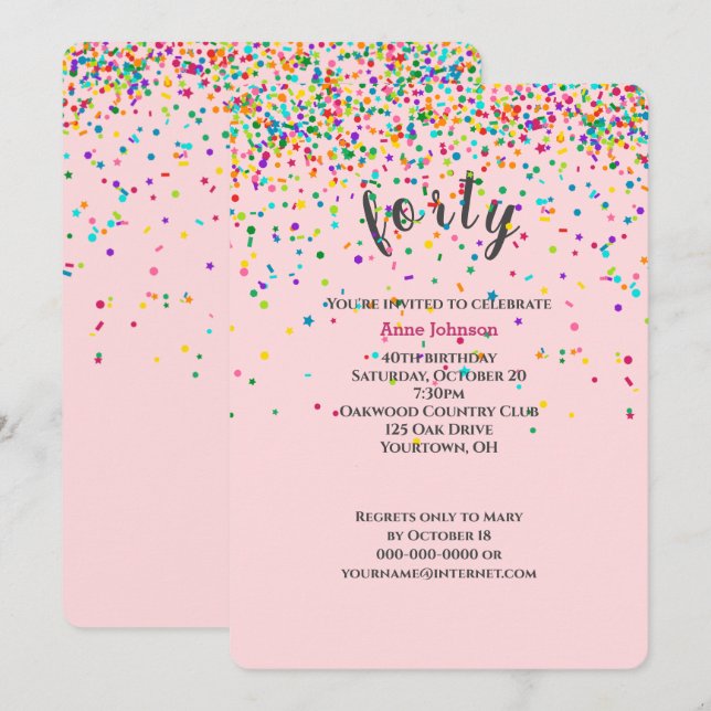 40e Anniversaire Fête confetti Invitation (Devant / Derrière)