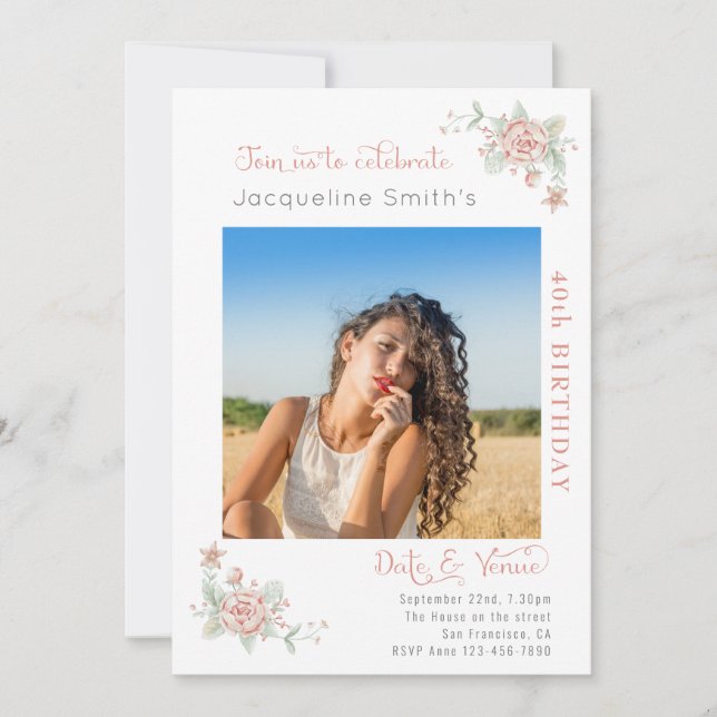 40e anniversaire Floral Photo Invitation (Devant)