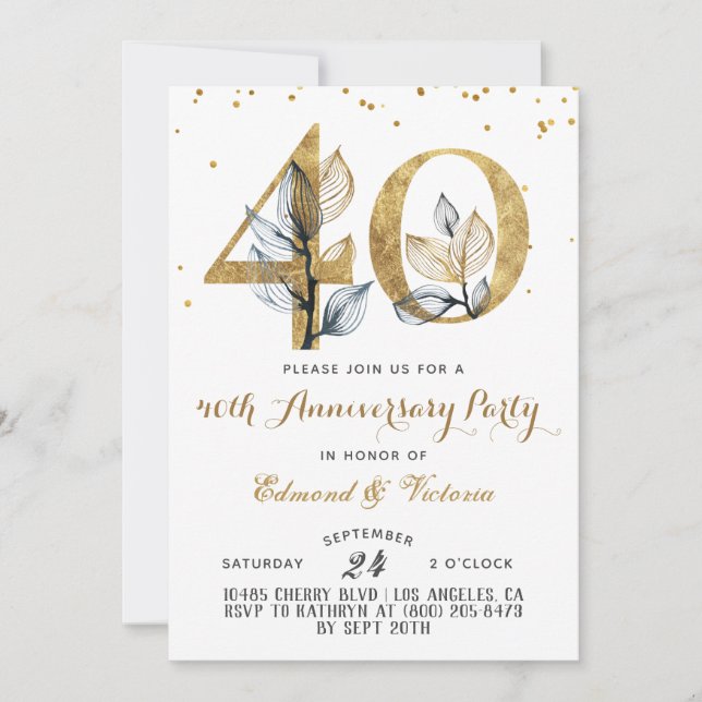 40e anniversaire Gold Floral Invitation (Devant)