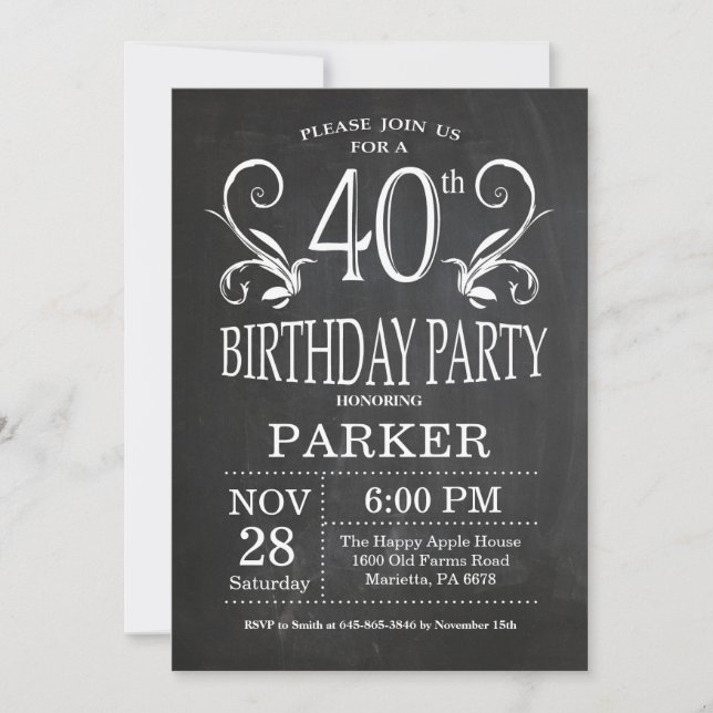40e anniversaire Invitation Chalkboard Floral (Devant)