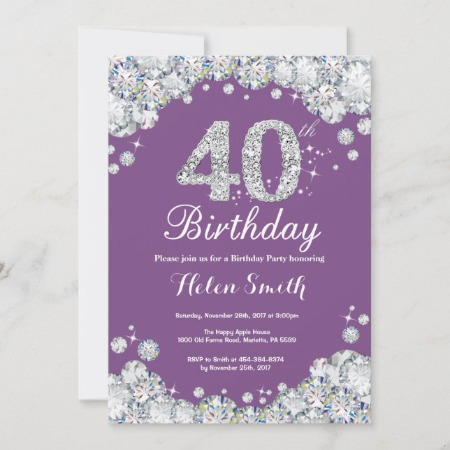 40e anniversaire Invitation Diamant violet et arge (Devant)