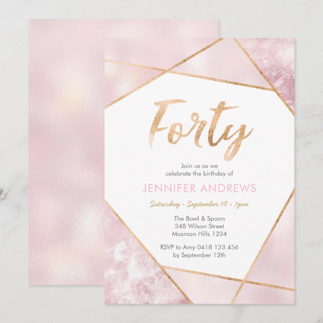 40e anniversaire Invitation Geo rose et or (Devant / Derrière)