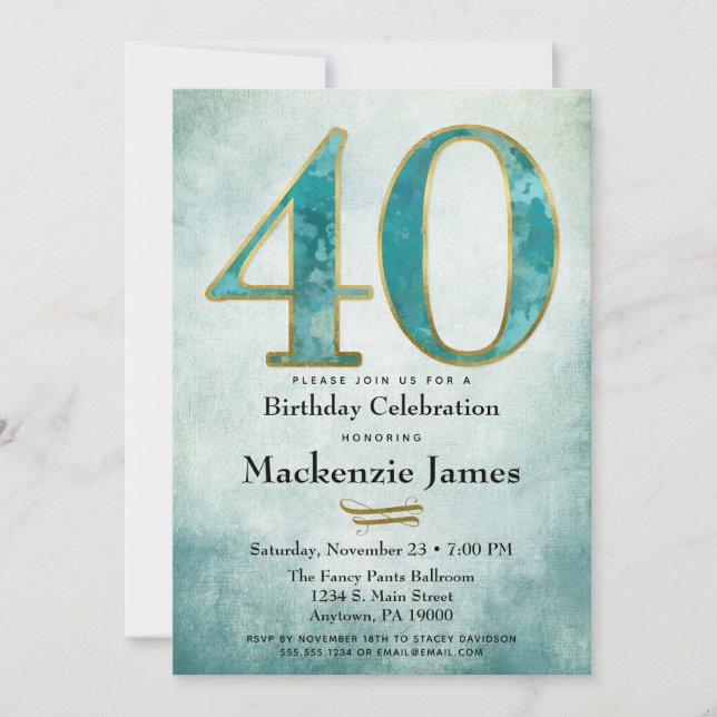 40e anniversaire Invitation Turquoise Blue Gold Ad (Devant)