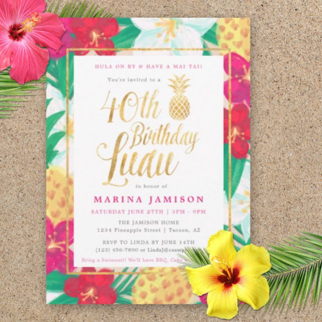 40e anniversaire Luau Invitations | Rose & Or (40th Birthday Luau Party Invitation)
