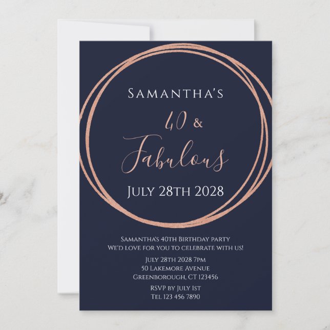 40e anniversaire Rose Gold Navy Invitation d'anniv (Devant)