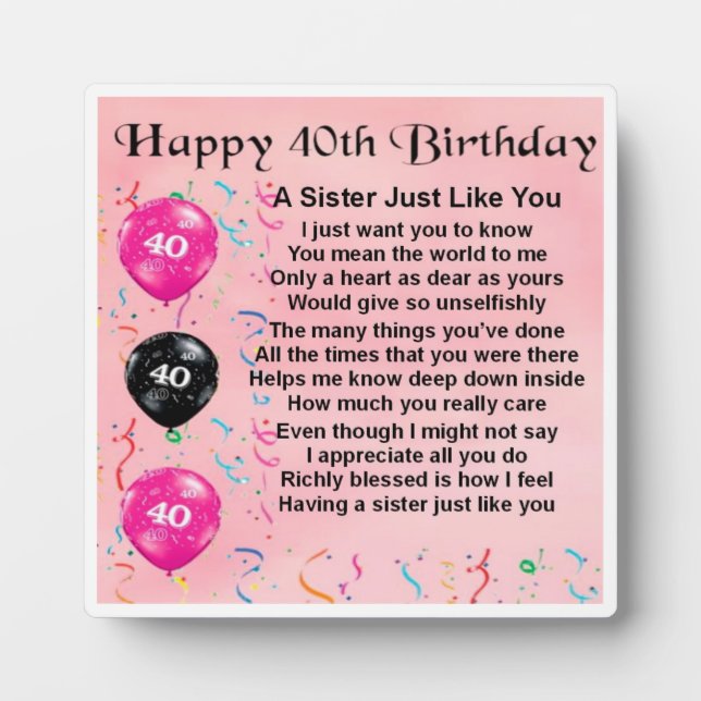 40e Birthday Sister Poem Plaque (Devant)