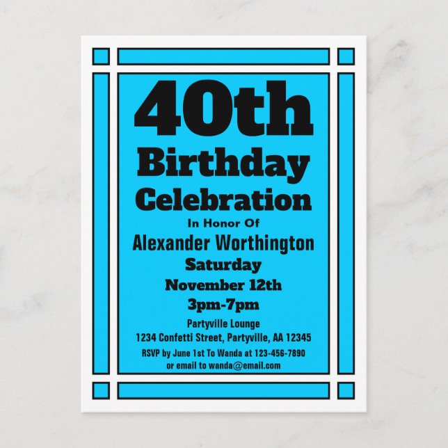 40e Bleu clair Invitation Anniversaire Carte posta (Devant)