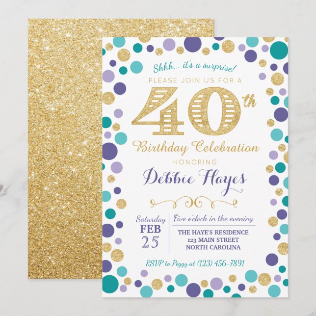 40e Invitation à la fête d'anniversaire surprise (Devant / Derrière)
