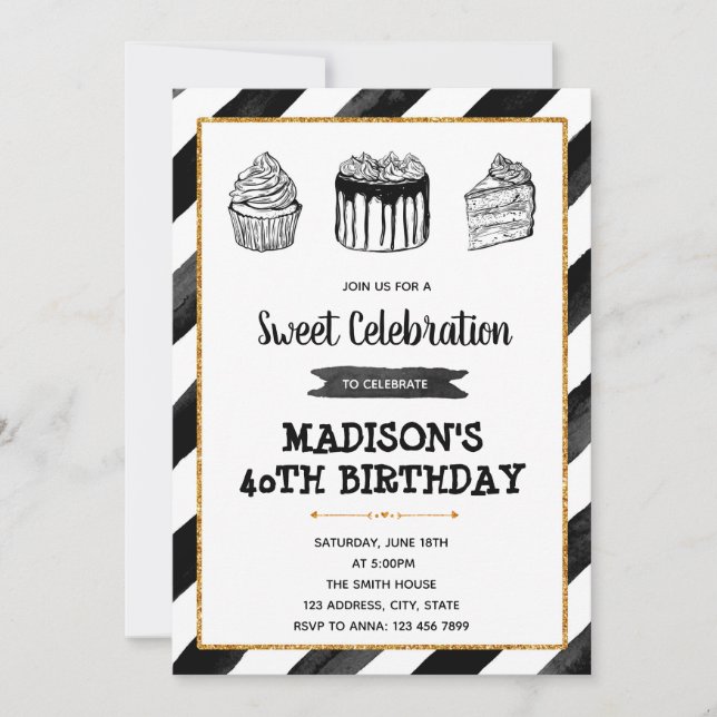 40e invitation d'anniversaire de dessert noir et b (Devant)