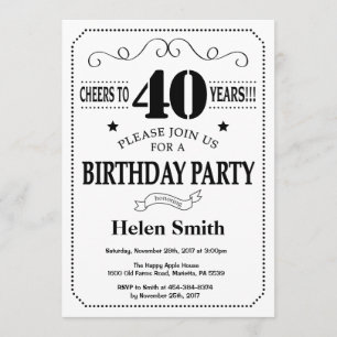 40e Invitation d'anniversaire noir et blanc