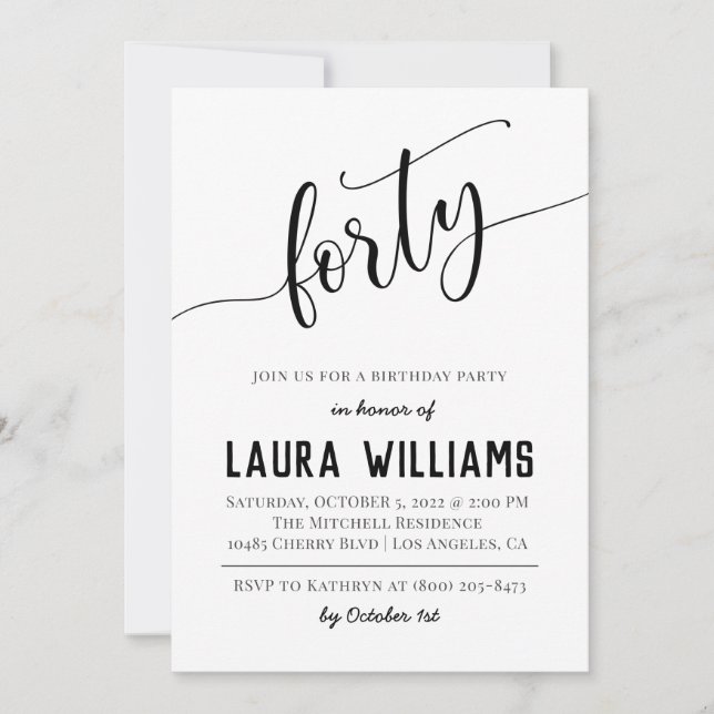 40ème Script Word Invitation d'anniversaire (Devant)