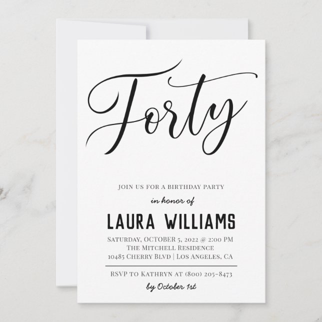 40ème Script Word Invitation d'anniversaire (Devant)