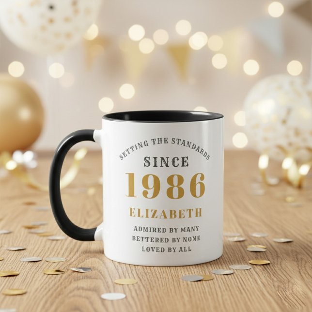 40th Birthday 1986 Add Name Elegant Tasse (Born 1986 birthday gift mug. Wood table out of focus background.)