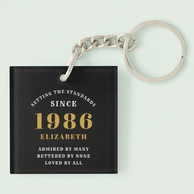 40th Birthday 1986 Black Gold Personalized (Born 1986 birthday keychain. Pastel background.)