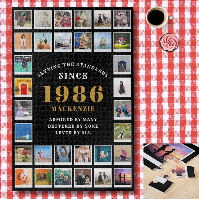 40th Birthday 1986 Family Memories Photo Collage  (1986 Photo template jigsaw puzzle. Background checked red and white tablecloth. )