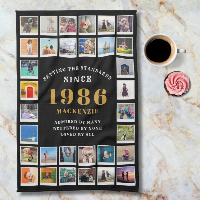 40th Birthday 1986 Family Memories Photo Collage  Geschirrtuch (1986 Kitchen towel. Marble background. )