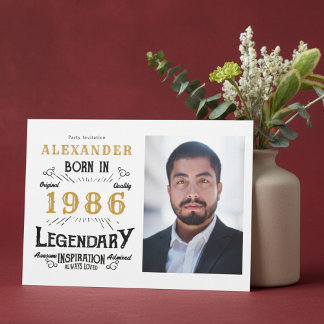 40th Birthday 1986 Legend White & Gold Photo Einladung