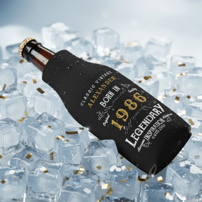 40th Birthday 1986 Name Legend Chic Black Gold Flaschenkühler (Born 1986 bottle cooler on ice.)