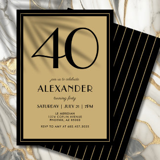 40th Birthday Adult Black and Gold Modern Minimal  Einladung