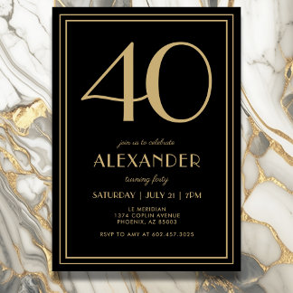 40th Birthday Black and Gold Modern Minimal Adult Einladung