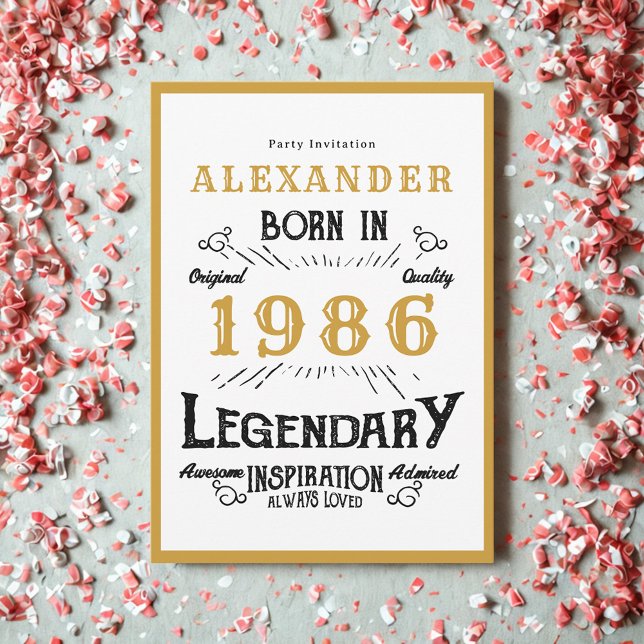 40th Birthday Born 1986 White Gold Legend Einladung (Born 1986 birthday invitation.)