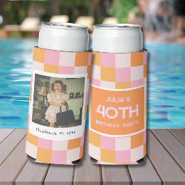 40th Birthday Checkered Pink and Orange Can Cooler Selters Dosenkühler