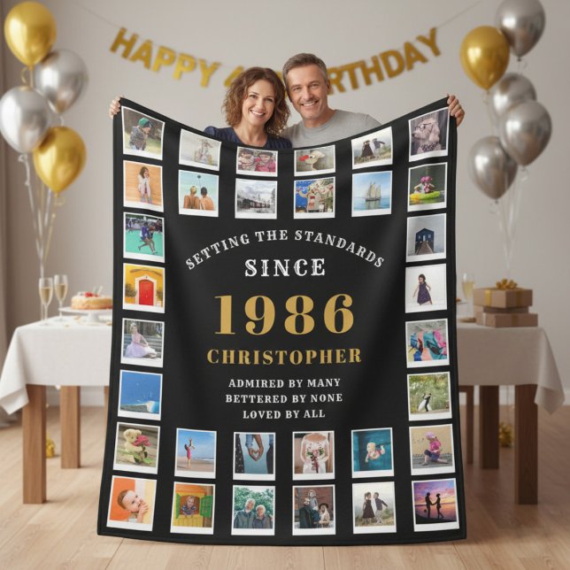 40th Birthday Family Memories Photo Collage  Fleecedecke (1986 black photo template fleece blanket held up by a couple. )