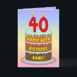 40th Birthday — Fun Cake & Candles, w/ Custom Name Karte<br><div class="desc">This upbeat and joyful birthday greeting card design features a cartoon-style depiction of a three-tier birthday cake having number-shaped candles on top showing the age “40“, along with the message “HAPPY 40TH BIRTHDAY, ”, and a personalized recipient name. The background of the front features a multicolored pastel rainbow spectrum inspired...</div>