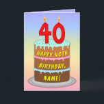 40th Birthday — Fun Cake & Candles, w/ Custom Name Karte<br><div class="desc">This upbeat and joyful birthday greeting card design features a cartoon-style depiction of a three-tier birthday cake having number-shaped candles on top showing the age “40“, along with the message “HAPPY 40TH BIRTHDAY, ”, and a personalized recipient name. The background of the front features a multicolored pastel rainbow spectrum inspired...</div>