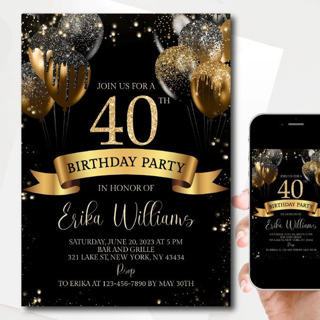 40th Birthday Invitation Template: Black Gold Ball Einladung (Von Creator hochgeladen)