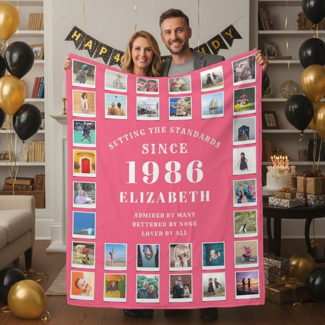 40th Birthday Mother Family Photo collage Pink Fleecedecke (Born 1986 pink photo blanket held by a couple.)