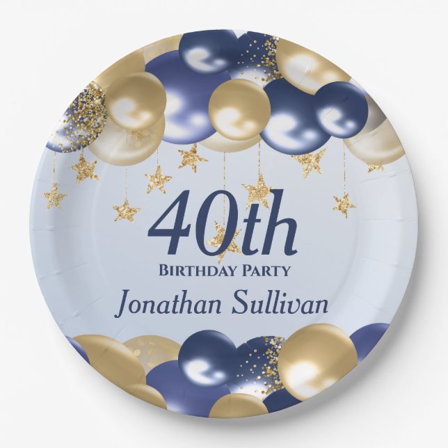 40th Birthday Navy Gold Balloons Party Pappteller (Vorderseite)