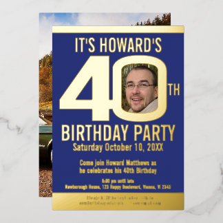 40th Birthday party dark blue gold foil photo Folieneinladung