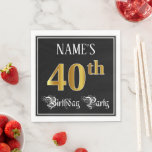 40th Birthday Party — Fancy Script, Falsch Gold Lo Serviette<br><div class="desc">This ornate and opulent birthday themed paper napkin design feature a customizable name and the message "40th Birthday Party" The large number "40th" has an imitation/falsch gold-inspirred coloring pattern, and the words "Birthday Party" are in luxurious script-style text. The background is colored black by default (although it can be customized)....</div>