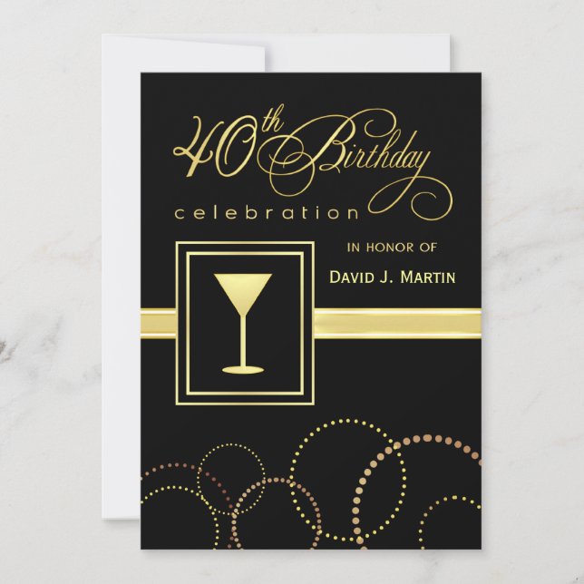 40th Birthday Party Invitations - Gold and Black Einladung (Vorderseite)