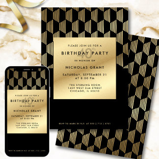 40th Birthday Party Modern Black and Gold Foil Einladung