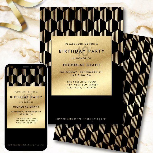 40th Birthday Party Modern Black and Gold Foil Einladung (Von Creator hochgeladen)