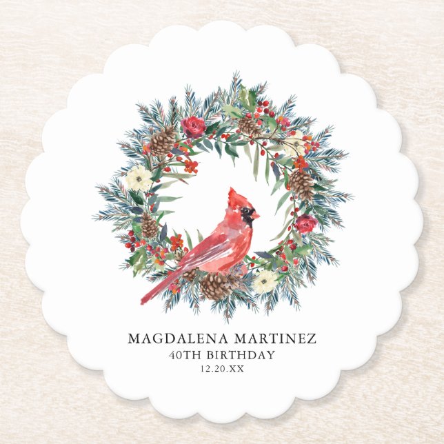 40th Birthday Party Red Cardinal Wreath Custom Untersetzer (Vorderseite)